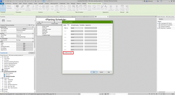 Filter by Sheet opcija autodesk revit