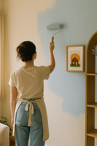 A softly lit, freshly styled living room with neutral tones and natural textures, reflecting a peaceful and supportive home e