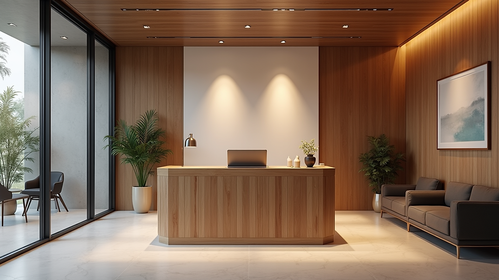 Eye-level view of a law office reception area with a welcoming desk