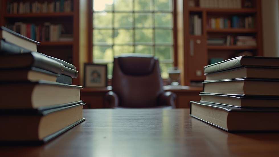 Eye-level view of a lawyer’s office with legal books and a desk