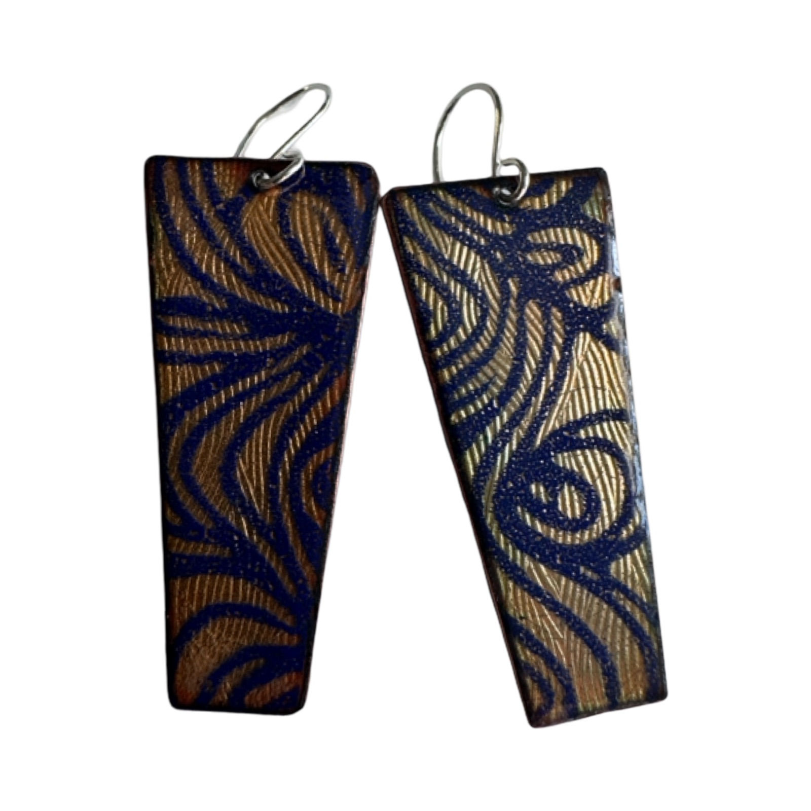Patterned Golden-Hued Enamel Earrings with Dark Blue Silkscreen