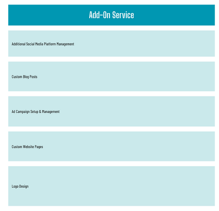 Table of optional add-ons, including ad campaign setup, extra social media platforms, additional website pages and more.