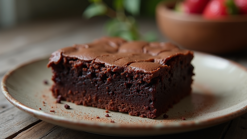 Close-up view of a gluten-free chocolate brownie on a rustic plate
