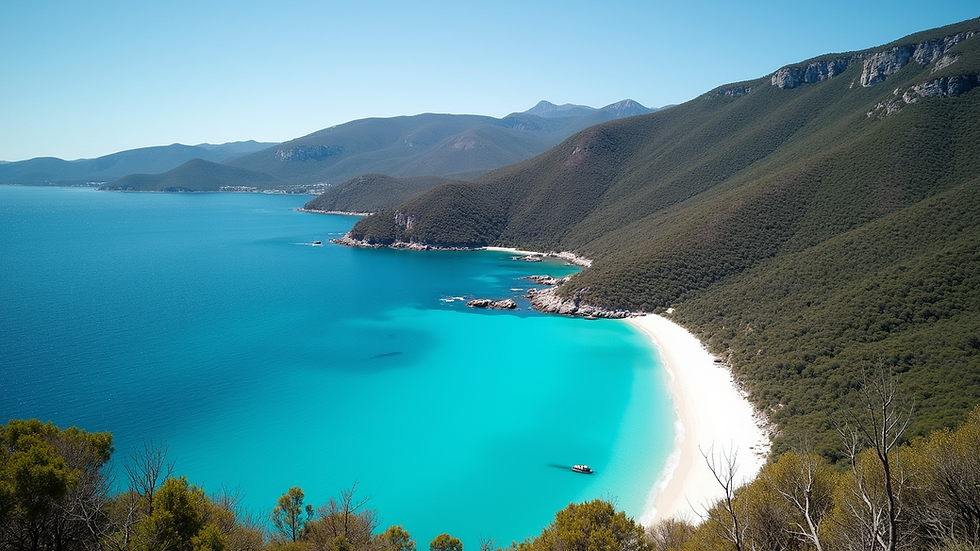 Wide angle view of Wineglass Bay with its stunning turquoise waters