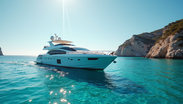Eye-level view of a luxury yacht cruising along a turquoise coastline