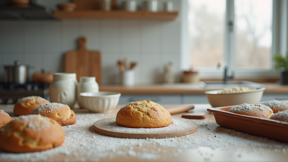 Eye-level view of a kitchen counter with gluten-free baking ingredients and tools