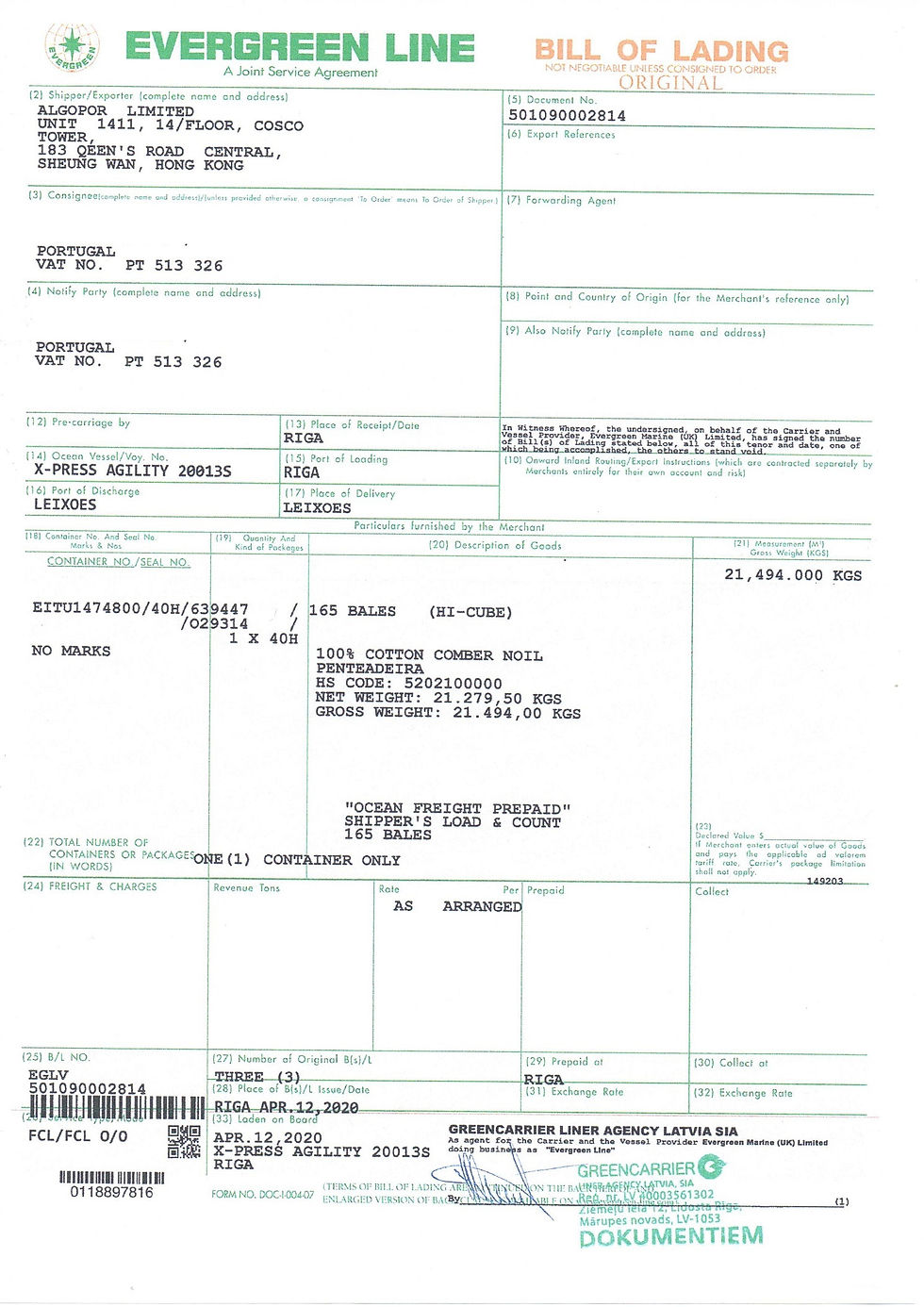 BILL OF LOADING - DAVID