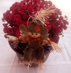 Red "Mum" Arrangement (12" Round Planter w/Scarecrow)