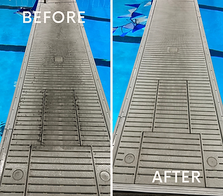 Before and after commercial pressure washing and restoration of a wooden boardwalk and outdoor dining deck in Inglewood, CA.