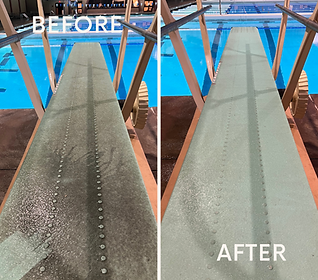 Before and after algae removal and deep cleaning on a community pool deck and aquatic walkway in Los Angeles County.