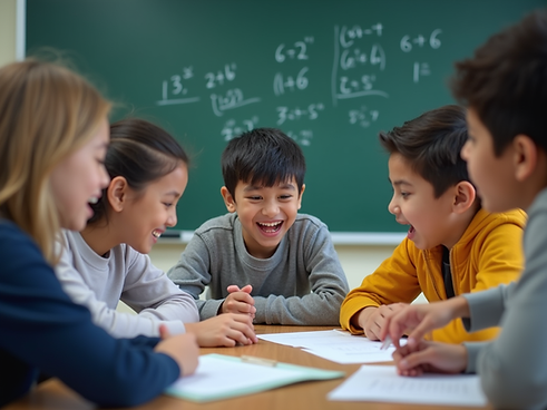 A-group-of-students-collaborating-on-a-math-problem-with-enthusiasm-and-excitement-in-a-cl