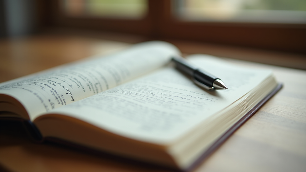 Close-up view of a journal and pen on a wooden table, symbolizing reflection and healing