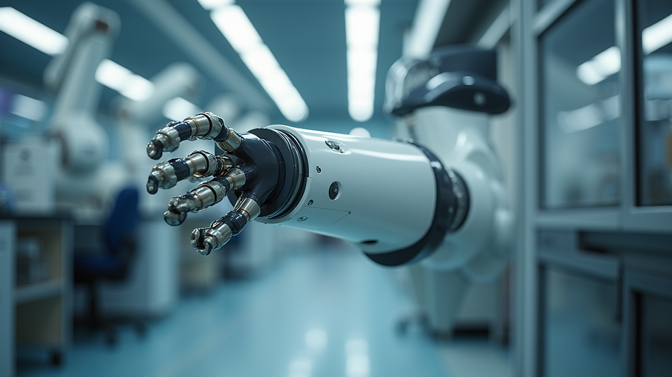 Eye-level view of a robotic arm in a laboratory setting