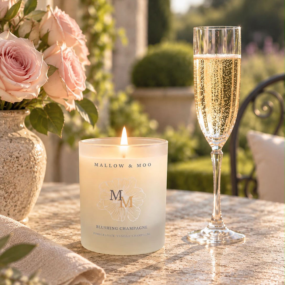 Mallow & Moo Blushing Champagne 150g scented candle in frosted glass, lit beside a glass of champagne and pink roses