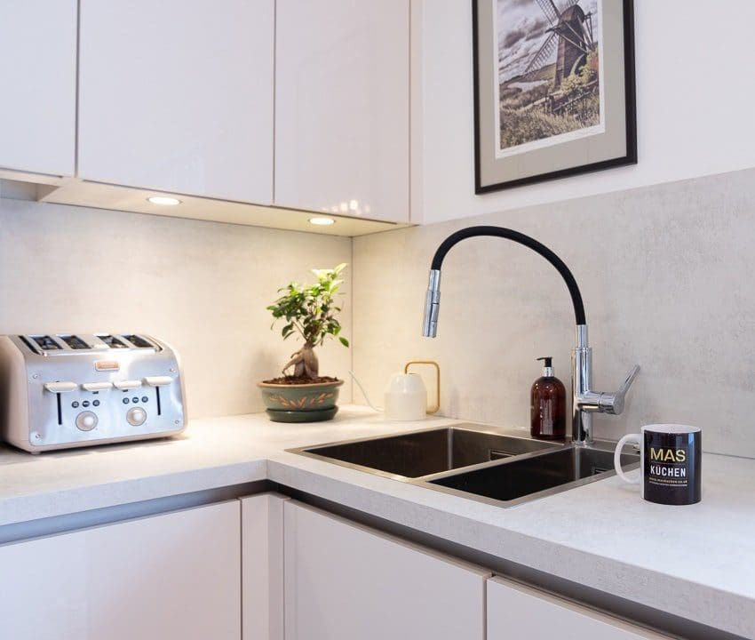 White, Modern, Handleless Kitchen with Island by MAS Collection, image 2