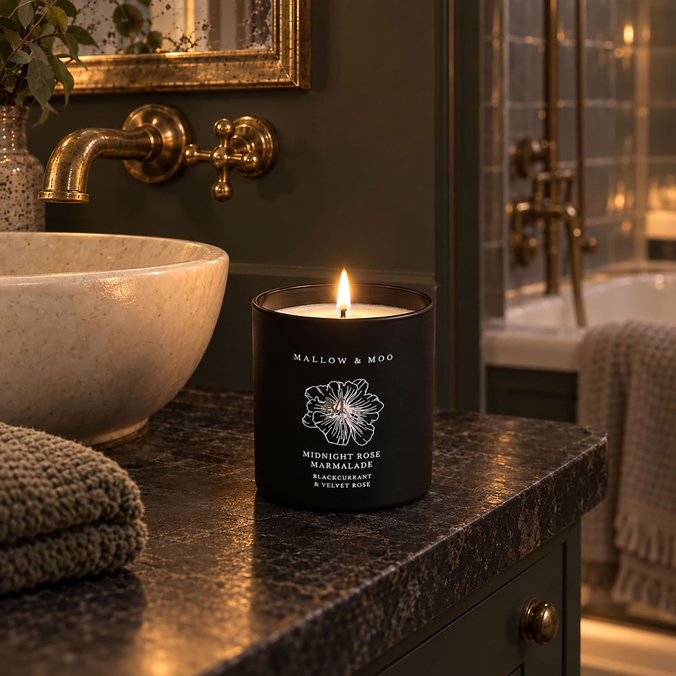 Mallow & Moo Midnight Rose Marmalade scented candle with blackcurrant, rose and musk notes
