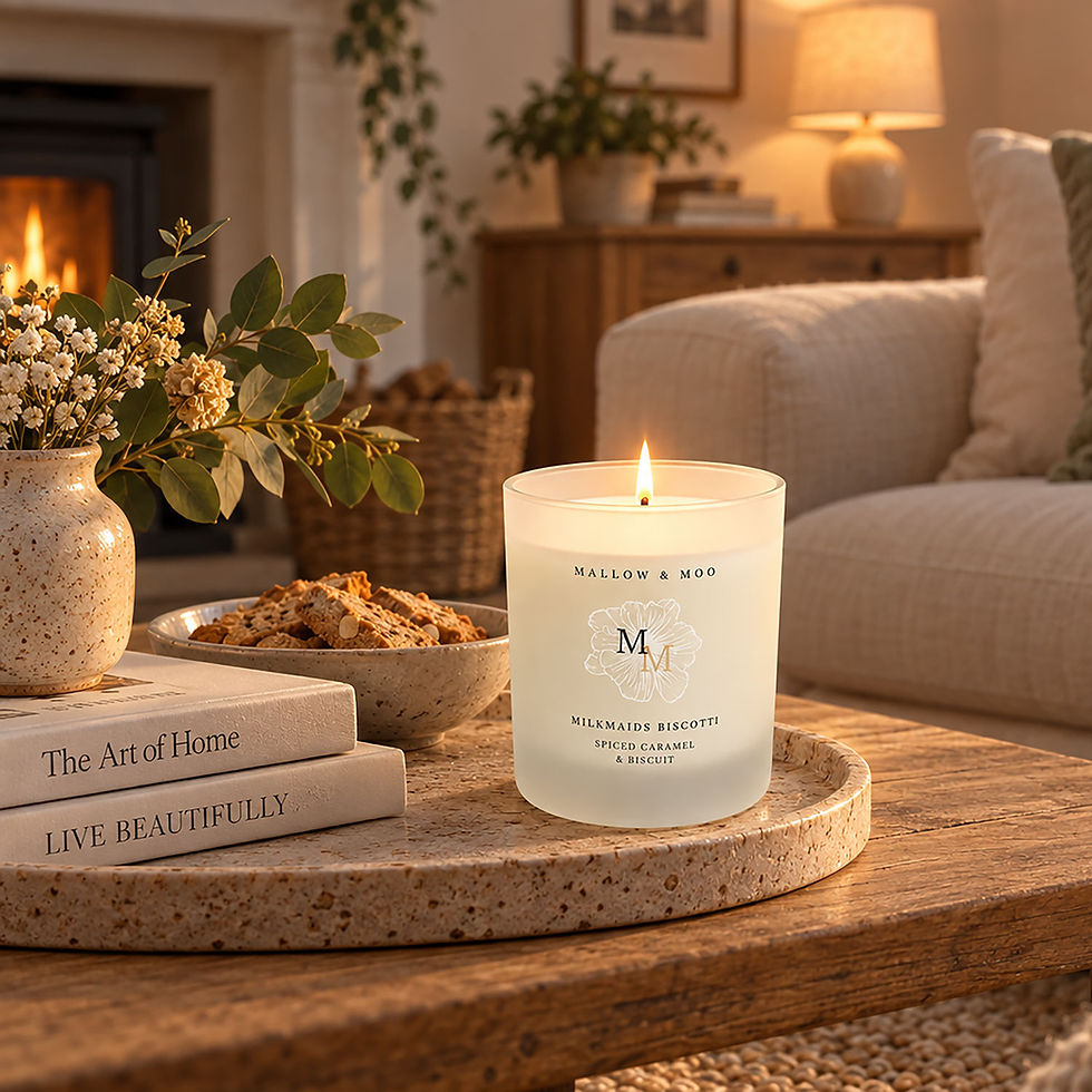 Mallow & Moo Milkmaids Biscotti scented candle with buttermilk, cocoa and spiced caramel biscuit notes