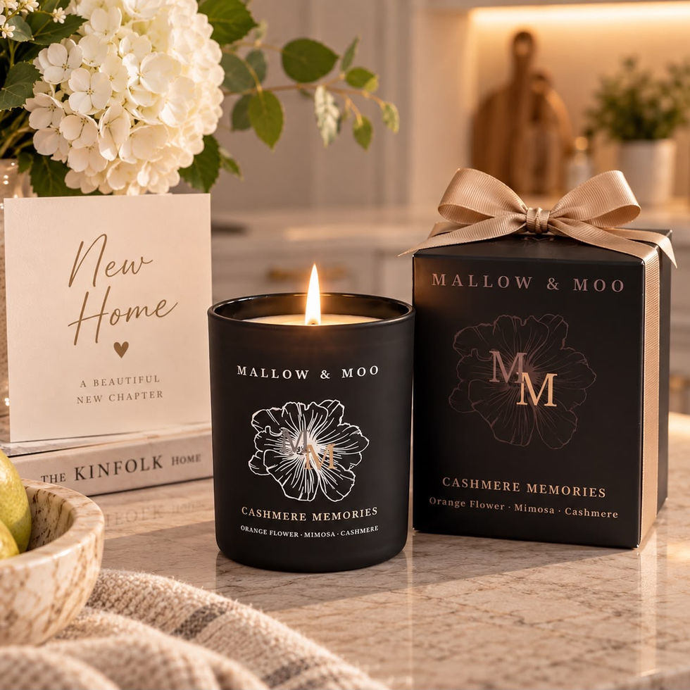 Mallow & Moo Cashmere Memories 150g scented candle in a matte black jar, lit on a kitchen worktop beside a New Home card