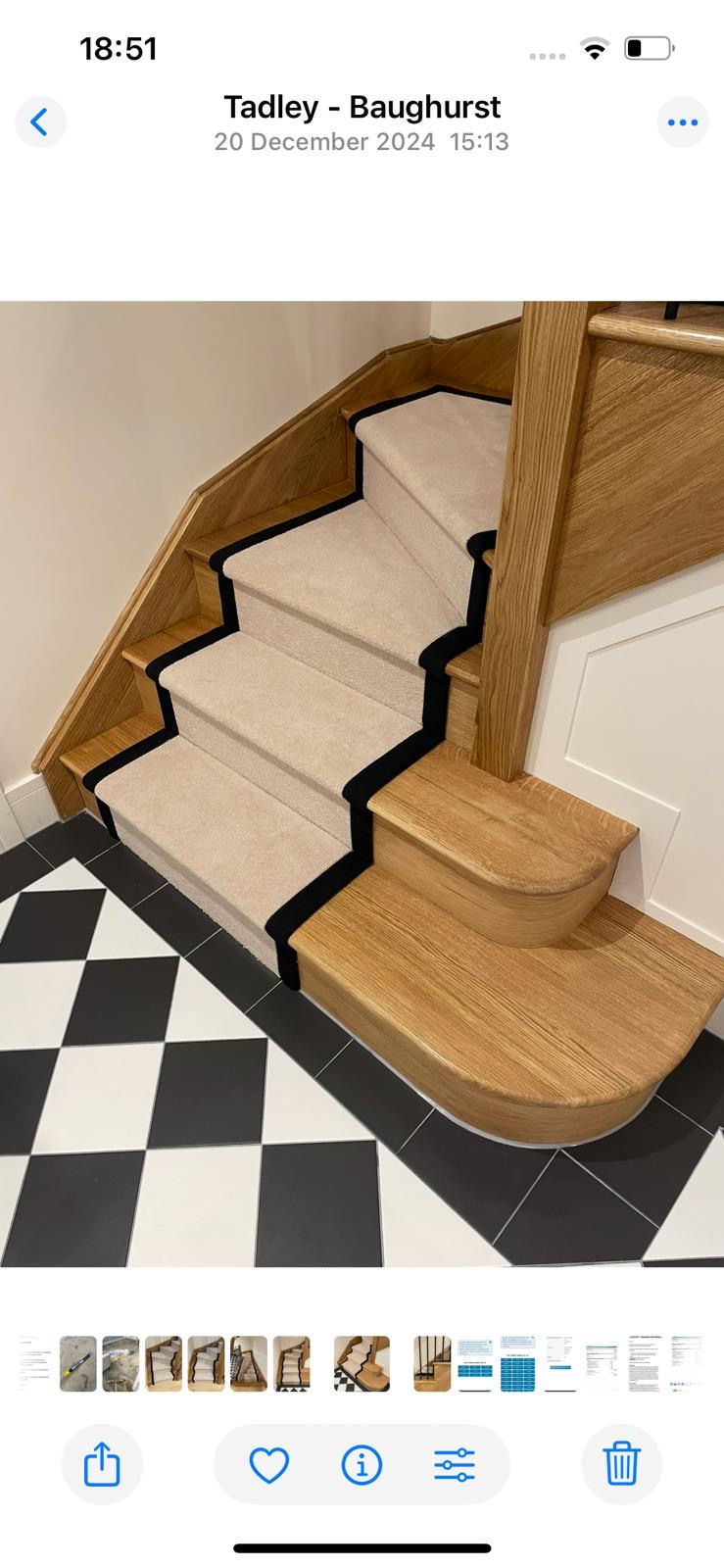 Patterned stair runner professionally installed on wooden stairs service in Hartley Wintney home
