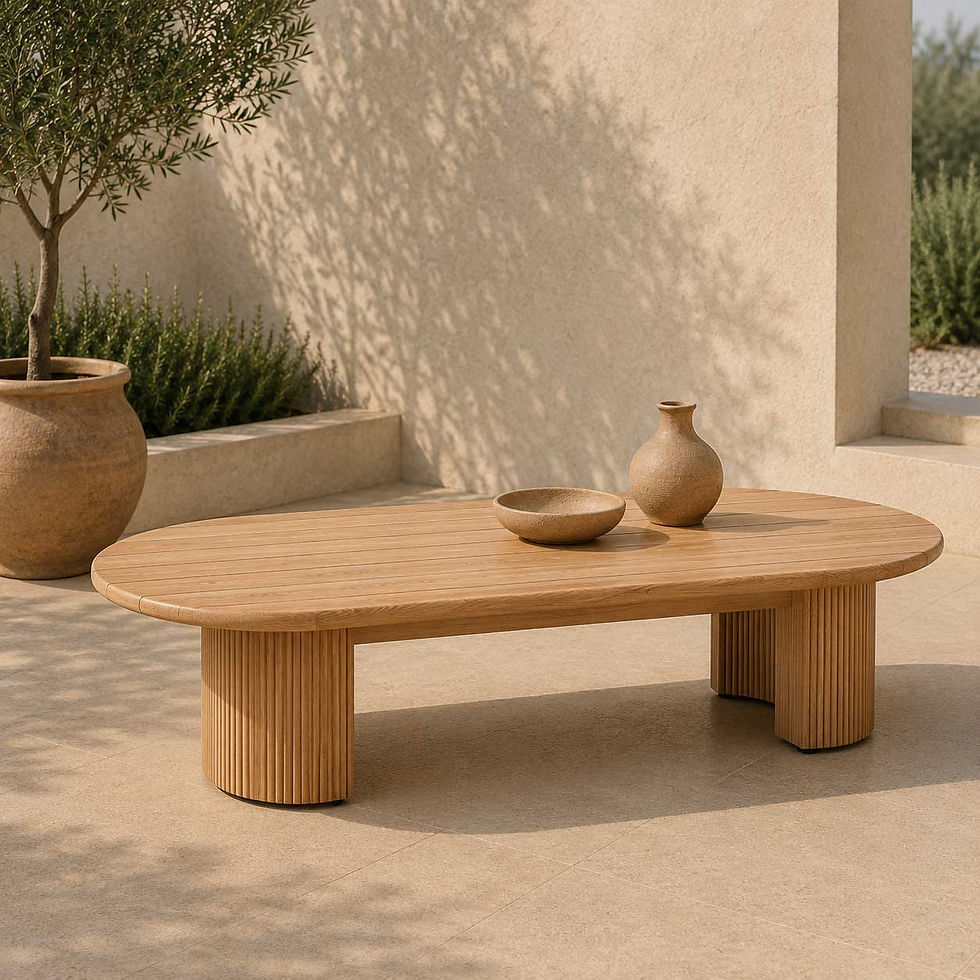 This outdoor coffee table features an elegant oval silhouette that brings a soft,  organic flow to contemporary patio setting