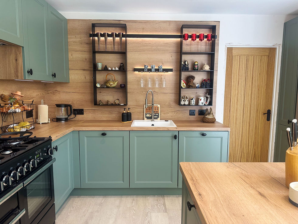 Kitchen with green doors and wooden worktops
