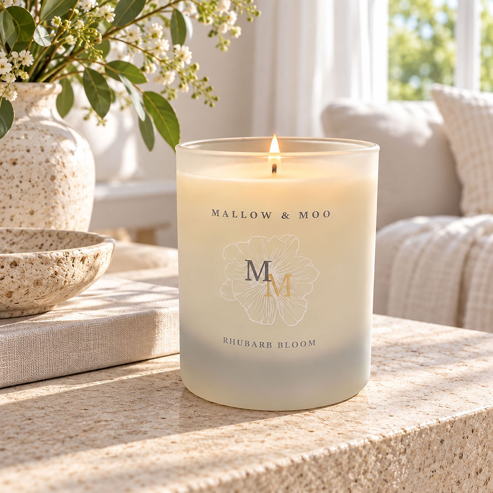 Mallow & Moo Rhubarb Bloom scented candle with rhubarb, elderflower and pineapple notes
