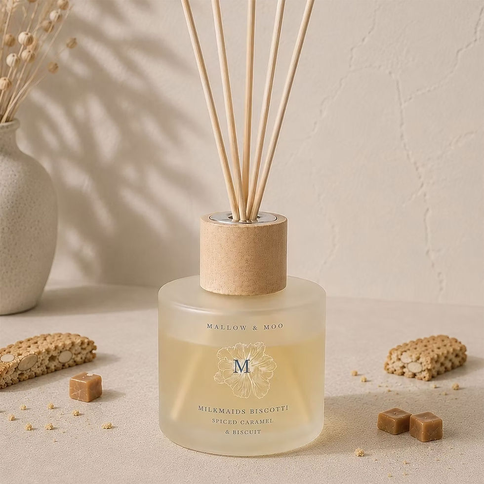 Mallow & Moo Milkmaids Biscotti fragrance diffuser with buttermilk, cocoa and spiced caramel biscuit notes