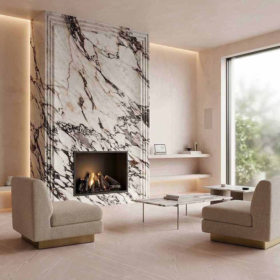 This magnificent oversized fireplace is crafted from luxurious marble, featuring dramatic, sweeping veins that make every pie