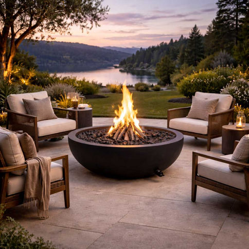 This sleek outdoor fire pit features a simple, modern bowl shape that creates a warm and inviting focal point for your patio.