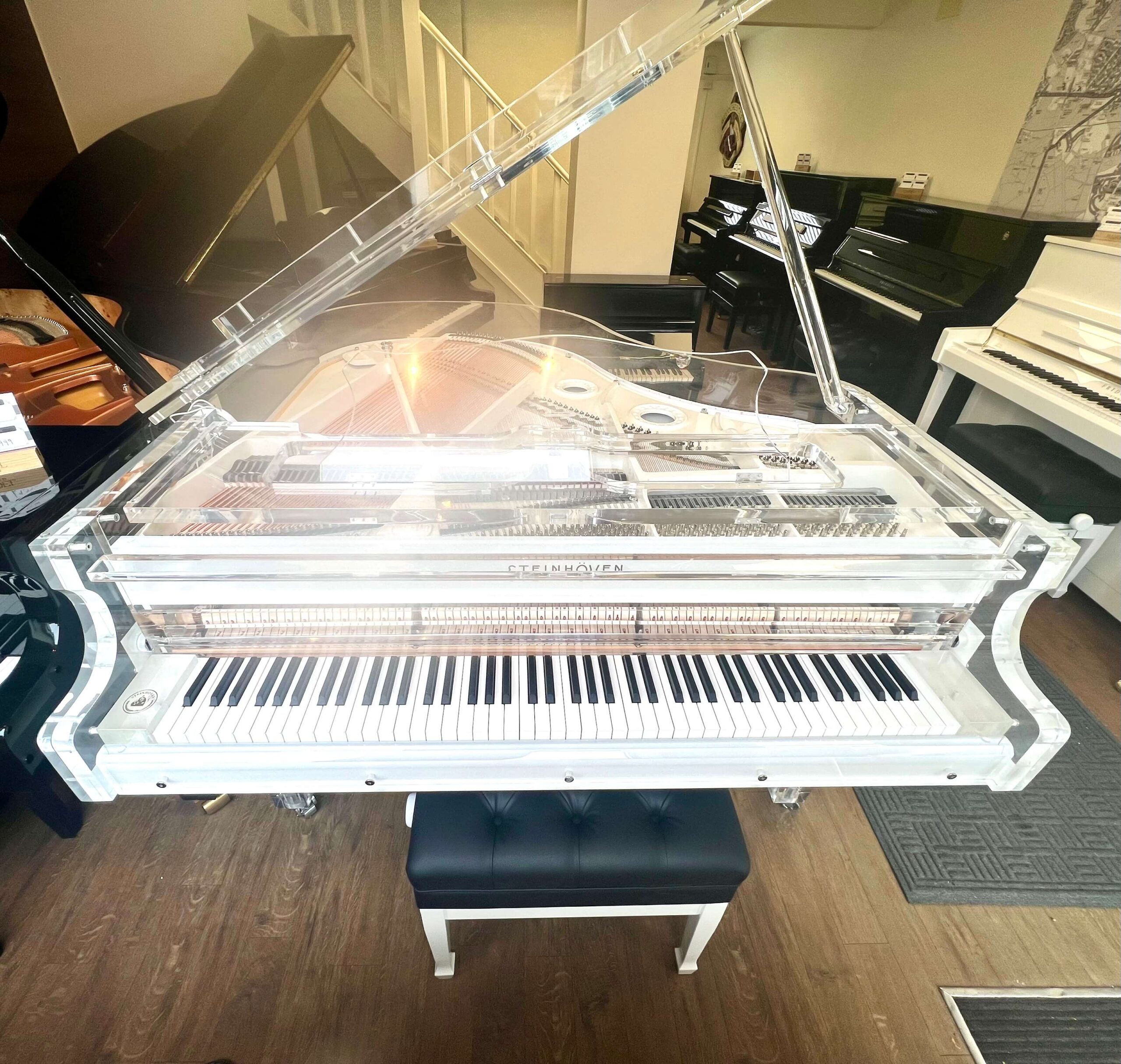 Steinhoven SG150 Crystal Grand Piano in transparent acrylic with chrome and white fittings