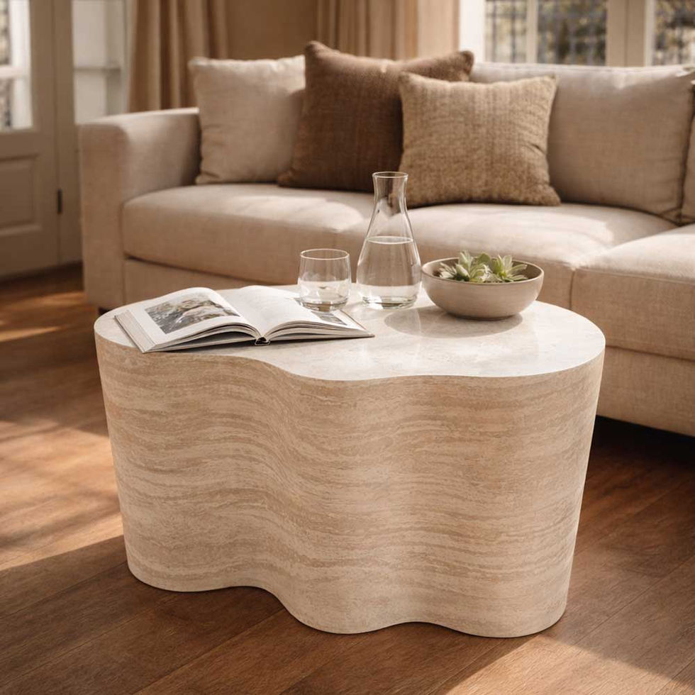 This coffee table is crafted from natural travertine stone