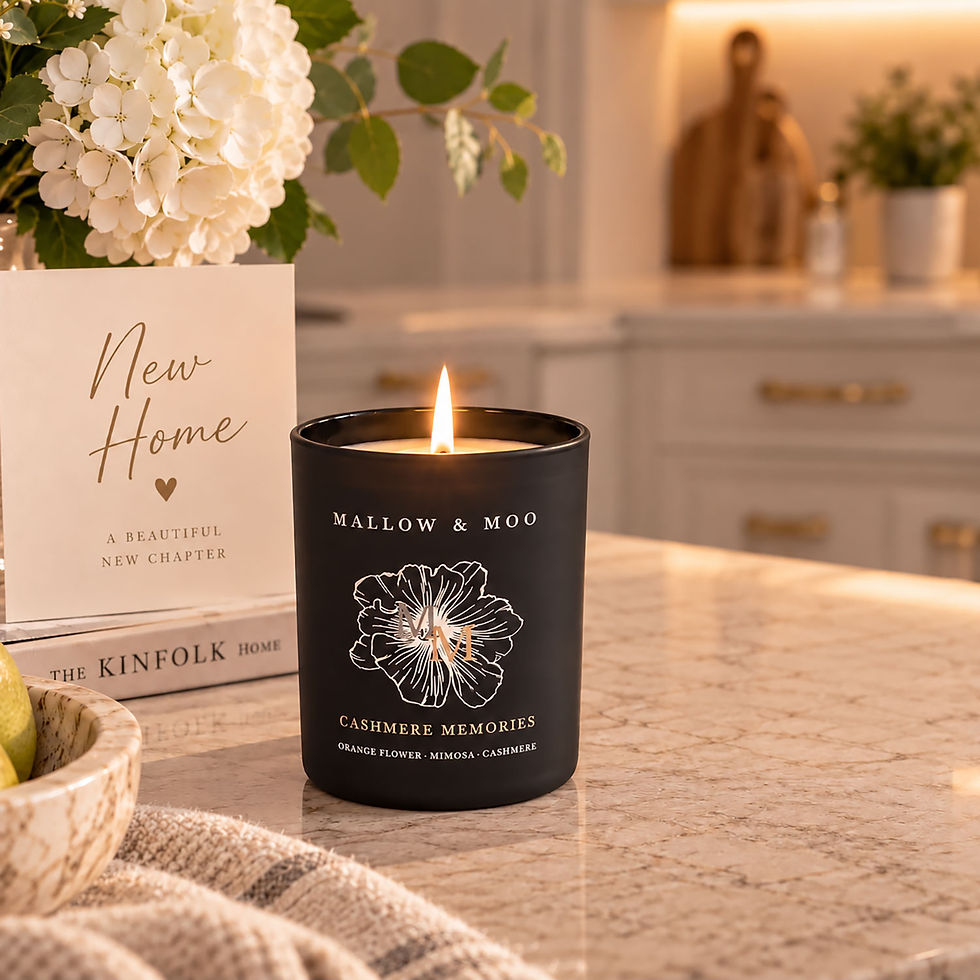 Mallow & Moo Cashmere Memories 150g scented candle in a matte black jar, lit on a kitchen worktop beside a New Home card
