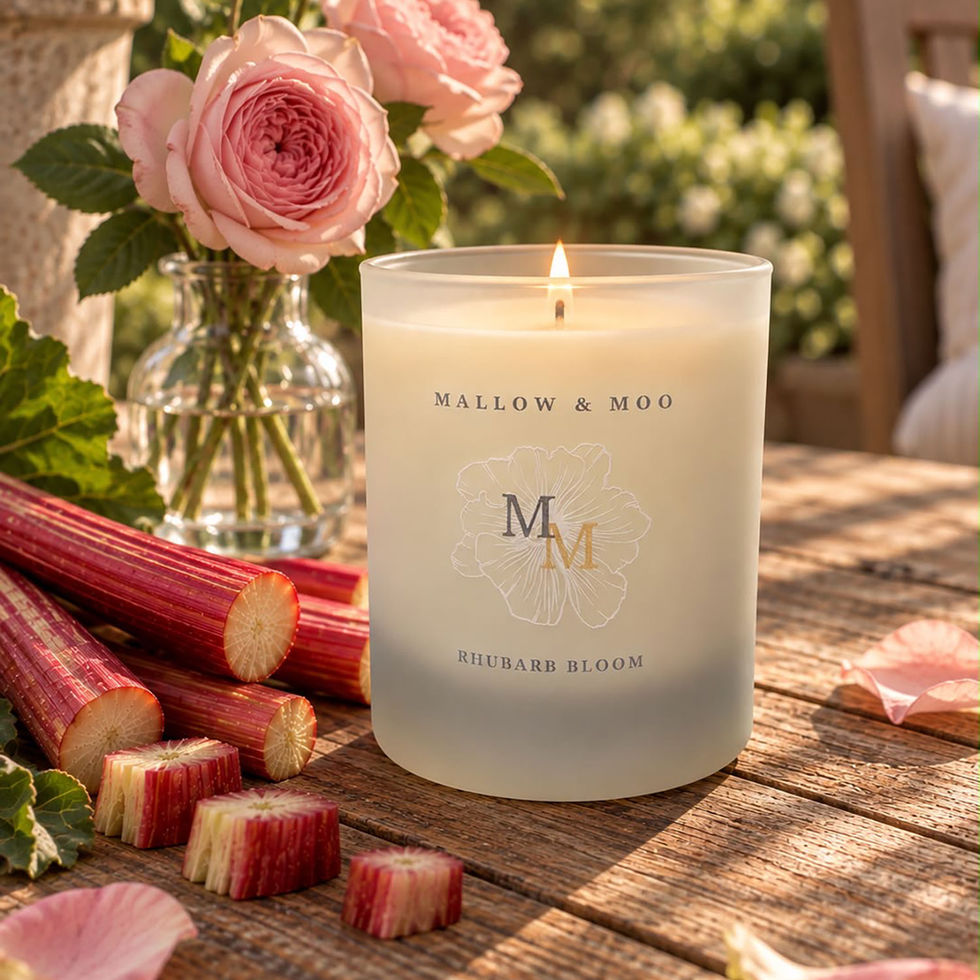 Mallow & Moo Rhubarb Bloom scented candle with rhubarb, elderflower and pineapple notes