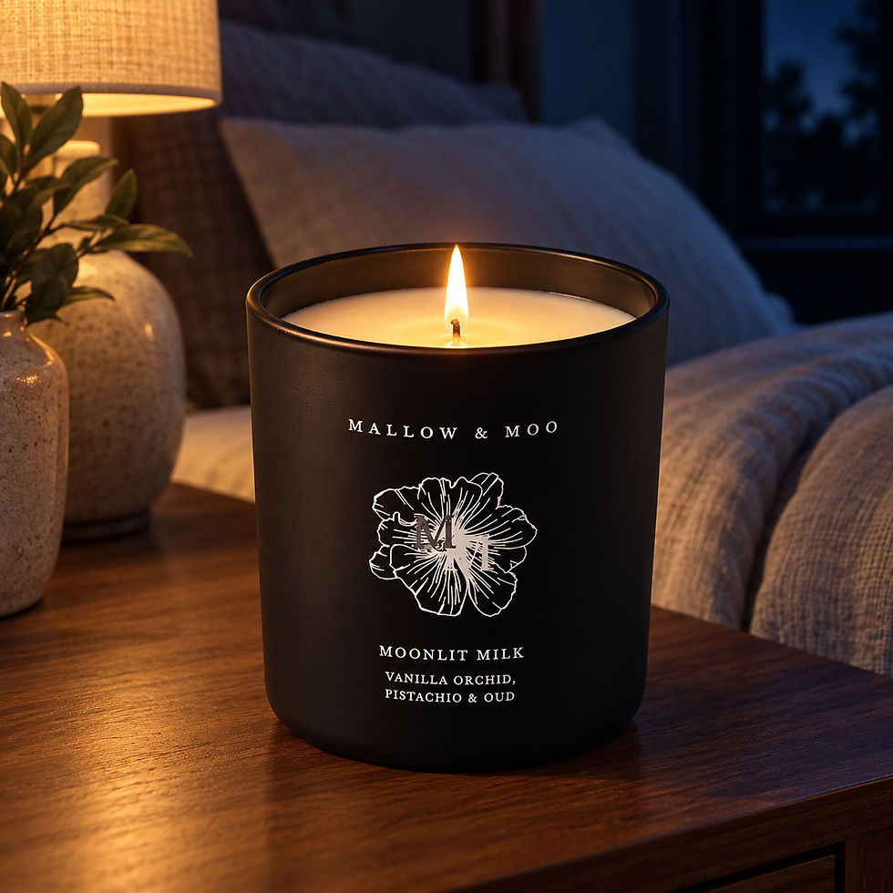 Mallow & Moo Moonlit Milk scented candle with vanilla orchid, pistachio and oud notes