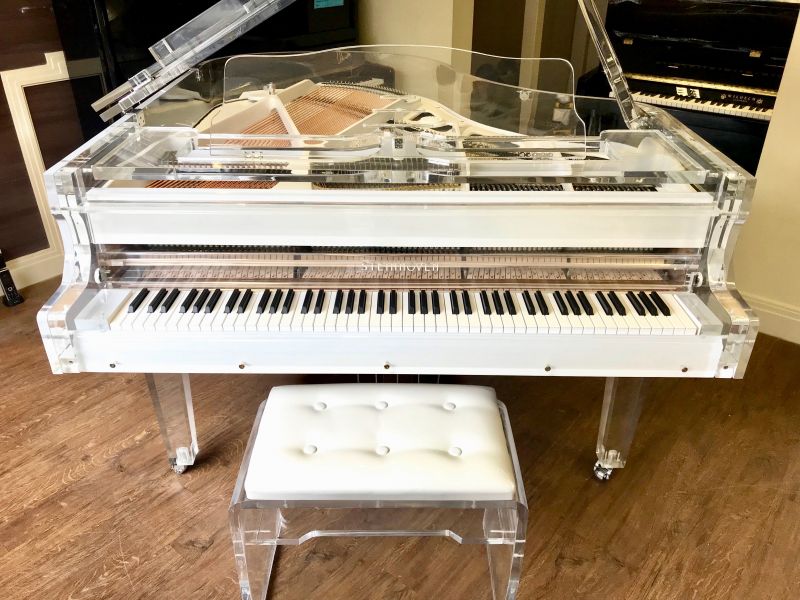 Steinhoven SG 170 Crystal Grand Piano in transparent acrylic with chrome and white fittings