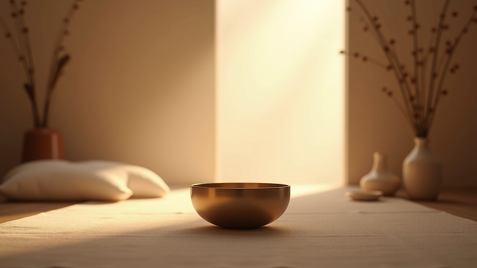 Eye-level view of a serene meditation space with soft lighting and a sound bowl