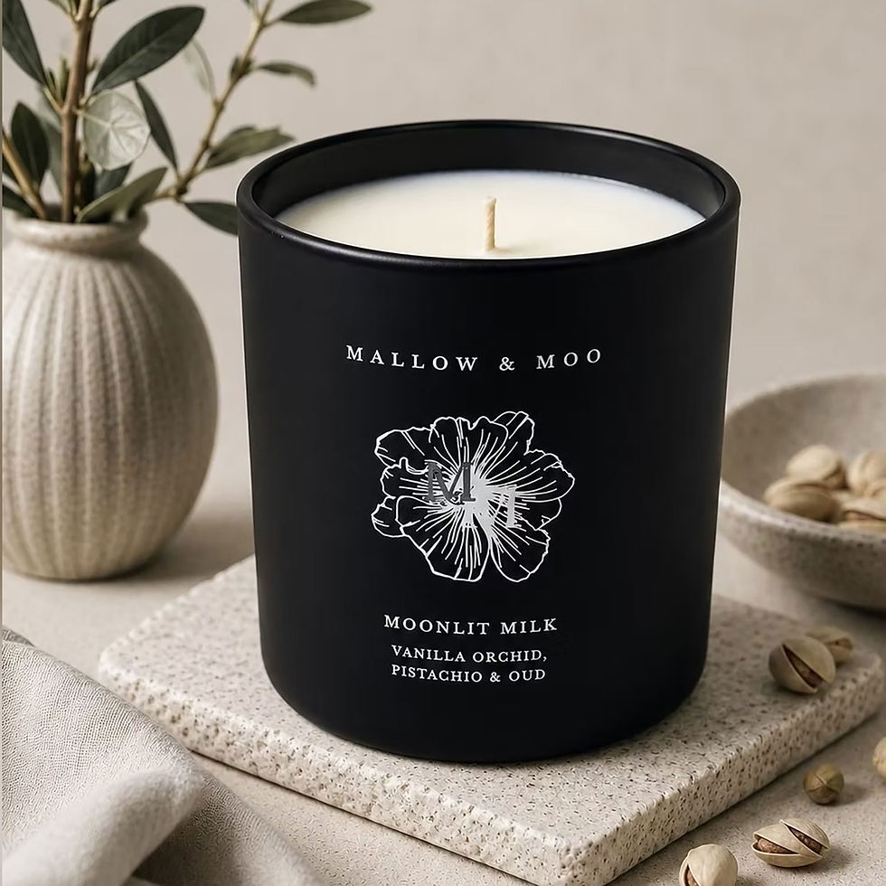 Mallow & Moo Moonlit Milk scented candle with vanilla orchid, pistachio and oud notes