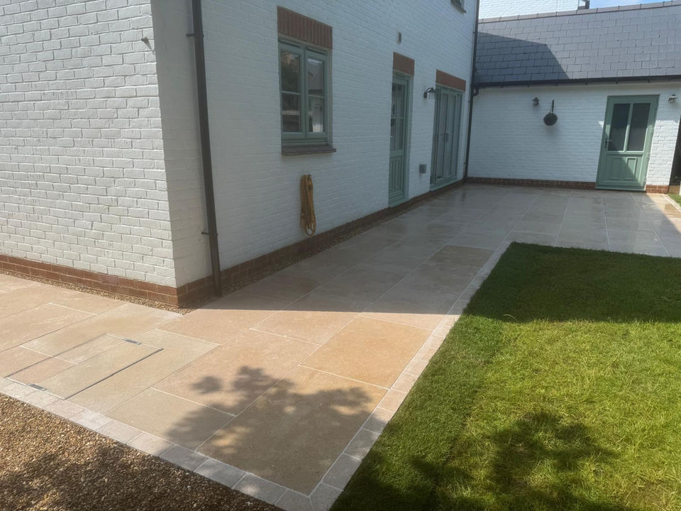 ACK Landscaping Full garden landscape job Basingstoke - Description - porcelain colour - mordina sand with pergolas and tegular paving alpha antique autumn gold Installation.
