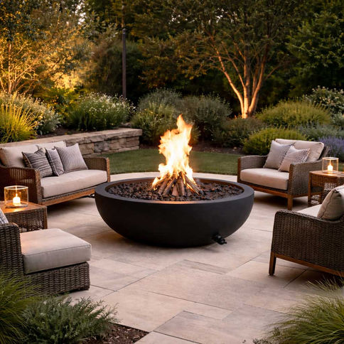 This sleek outdoor fire pit features a simple, modern bowl shape that creates a warm and inviting focal point for your patio.