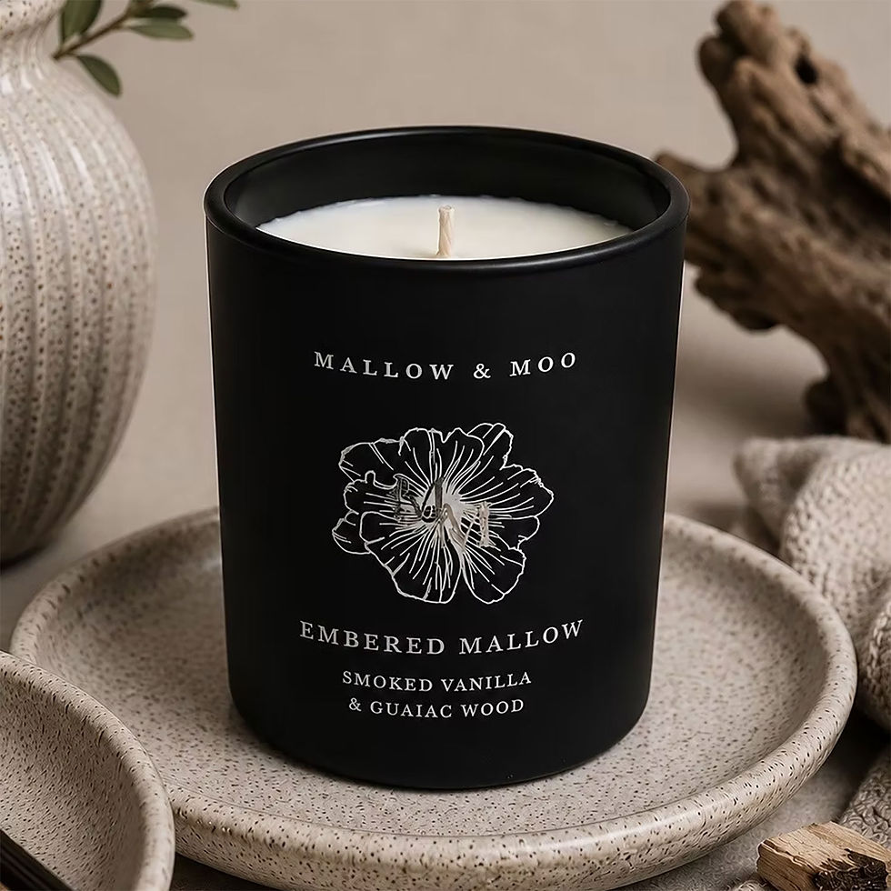 Mallow & Moo Embered Mallow scented candle with smoked vanilla and guaiac wood notes