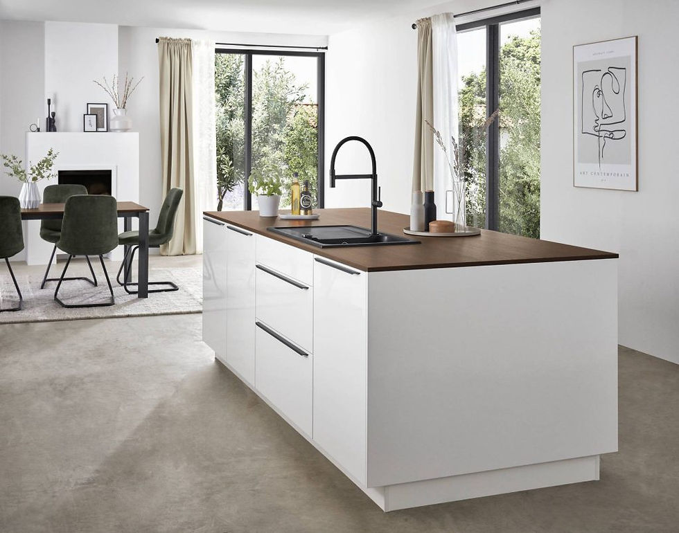 White high-gloss kitchen with a central island
