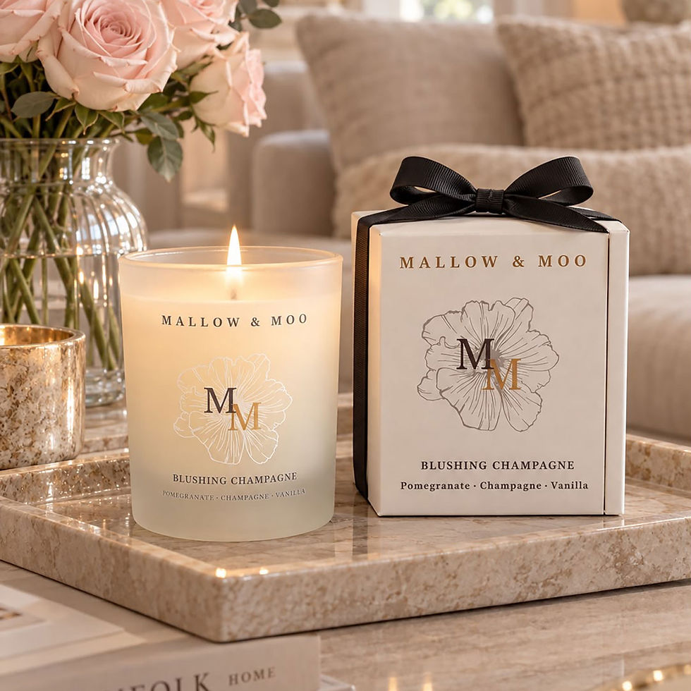 Mallow & Moo Blushing Champagne 150g scented candle in frosted glass, lit beside a glass of champagne and pink roses