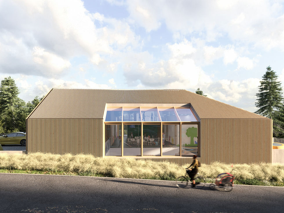 “Hyper-realistic rendering of modern kindergarten, wooden cladding and glass walls integrating with surrounding nature.”