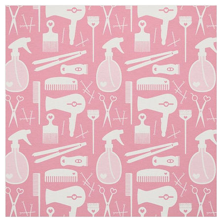 Cute Retro Pink & White Hair Salon Tools Fabric.jpeg