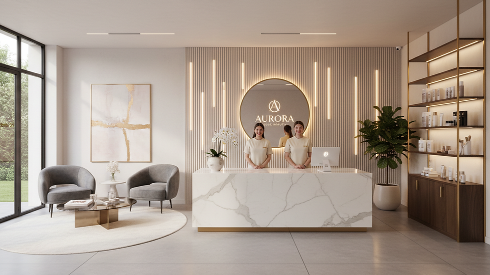 Eye-level view of a modern, stylish Kosmetikstudio reception area