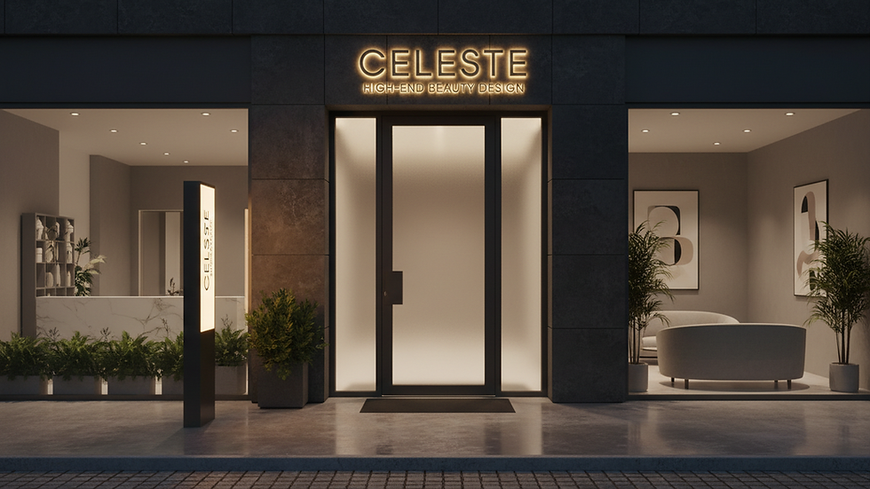 Eye-level view of a modern beauty studio entrance with a stylish logo on the door