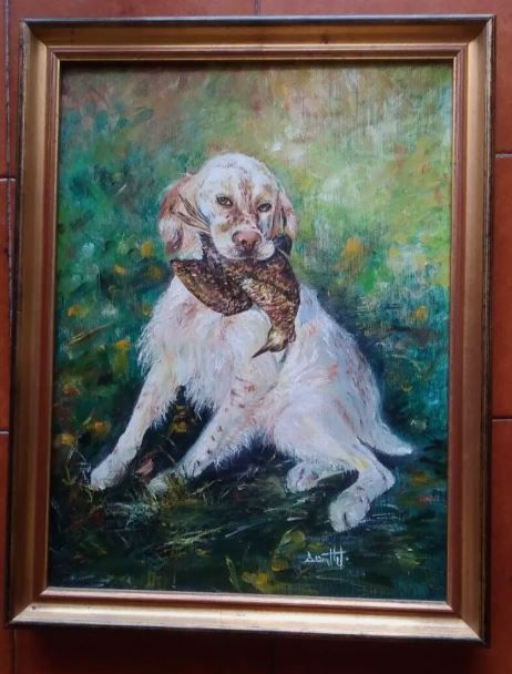 Dipinto di un cane da caccia con una preda