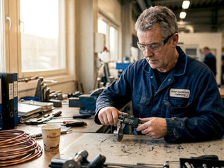 På fabriken ser man industripersonal som justerar och ställer in mätinstrument ute på verkstadsgolvet.