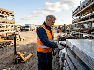 Lagerchefen går igenom lagret av metaller och kontrollerar att allt är i ordning.