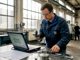 En ingenjör jobbar med en 3D-skanner ute på fabriken.